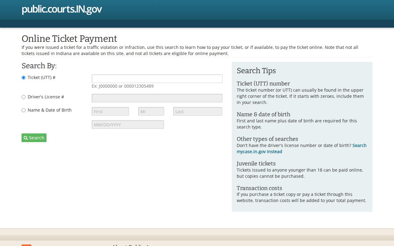 Blank Indiana payment portal for Warren County active warrant court obligations