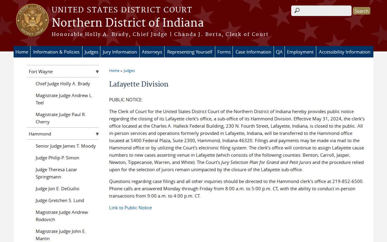 Northern District of Indiana Lafayette Division venue and office notice