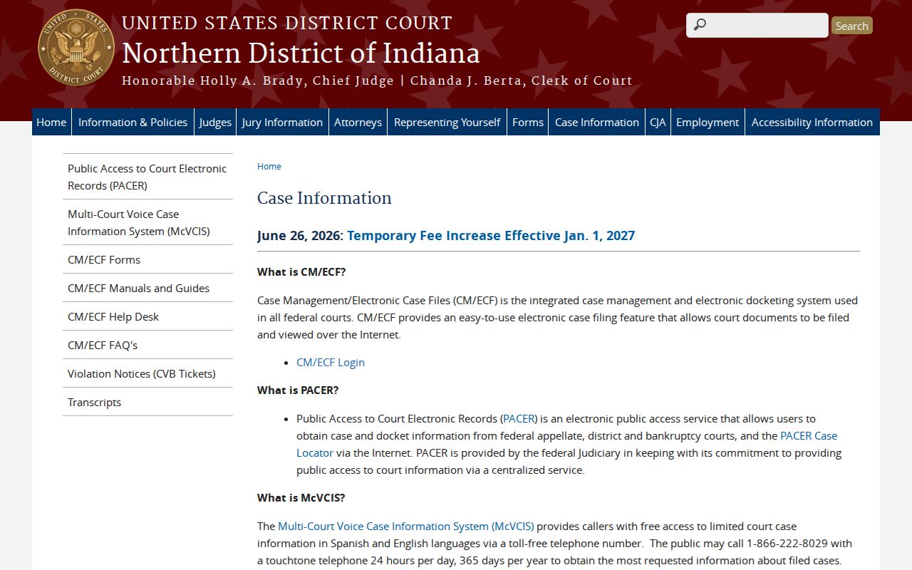 Northern District of Indiana CM ECF PACER and McVCIS information