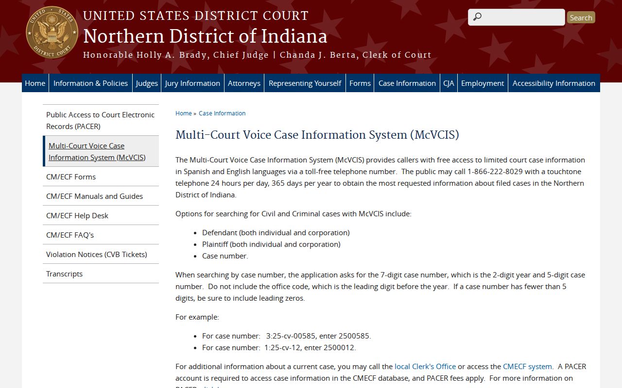 Official McVCIS toll-free federal case search instructions