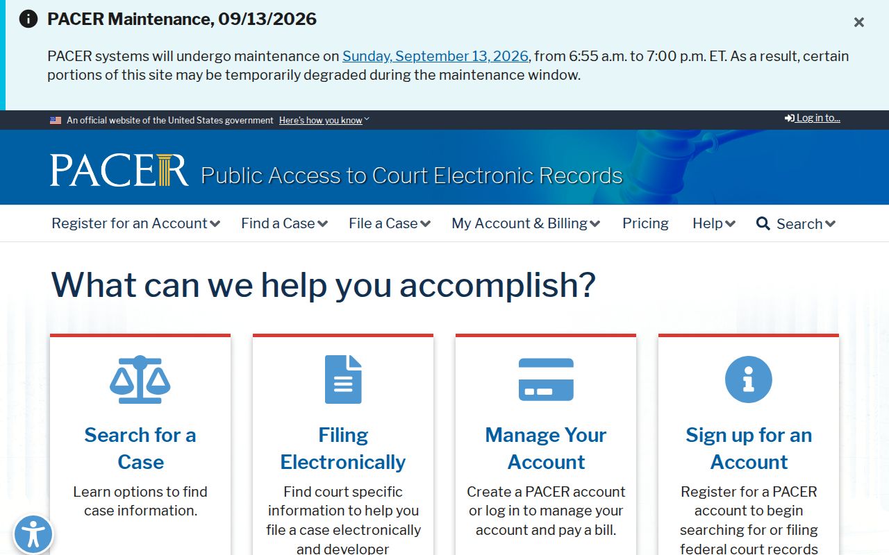Official PACER federal court record search landing page